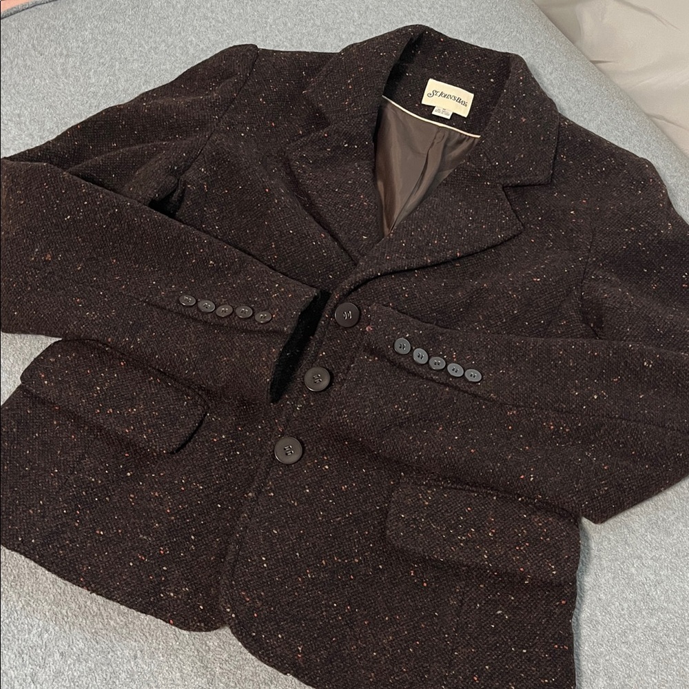 Womens Tweed Wool Blazer Jacket Medium Brown Office Career Old Money Preppy - Picture 10 of 11